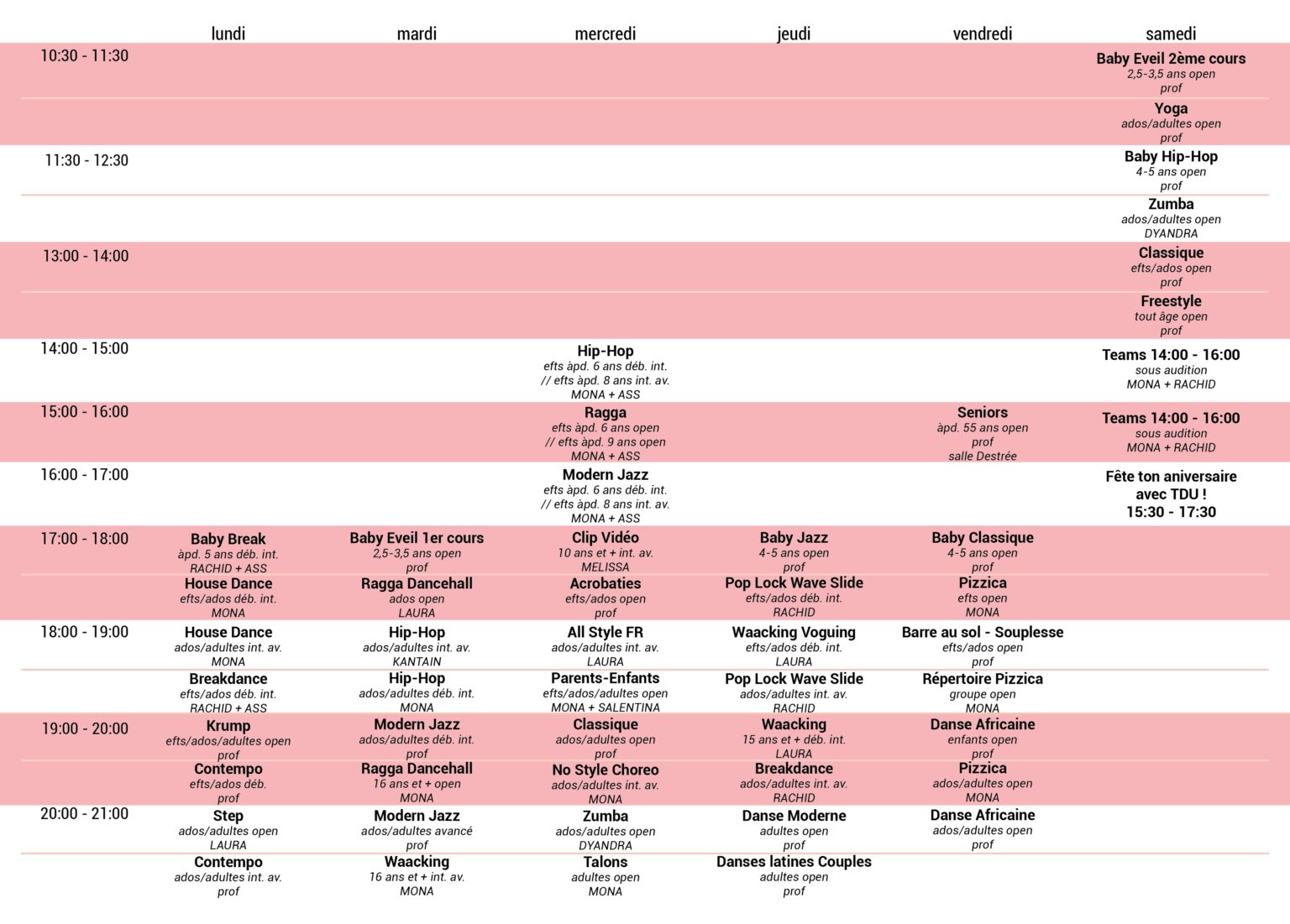 horaire cours de danse